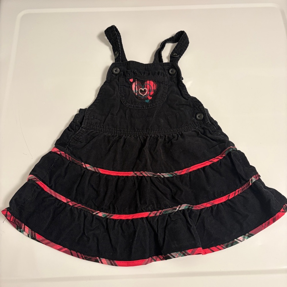 OshKosh Tiered Corduroy overall Dress Girls Size 24 months black/ pink heart